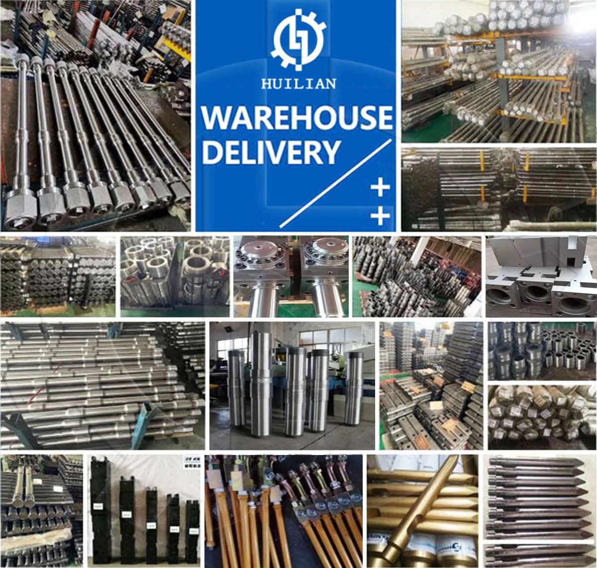 Collage showcasing Huilian factory warehouse of excavator hydraulic rock breaker hammer spare parts