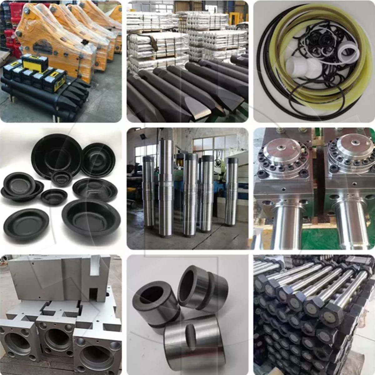 Collage of hydraulic breaker hammer parts, including breakers, chisels, seal kit, pistons, and cylinder blocks.