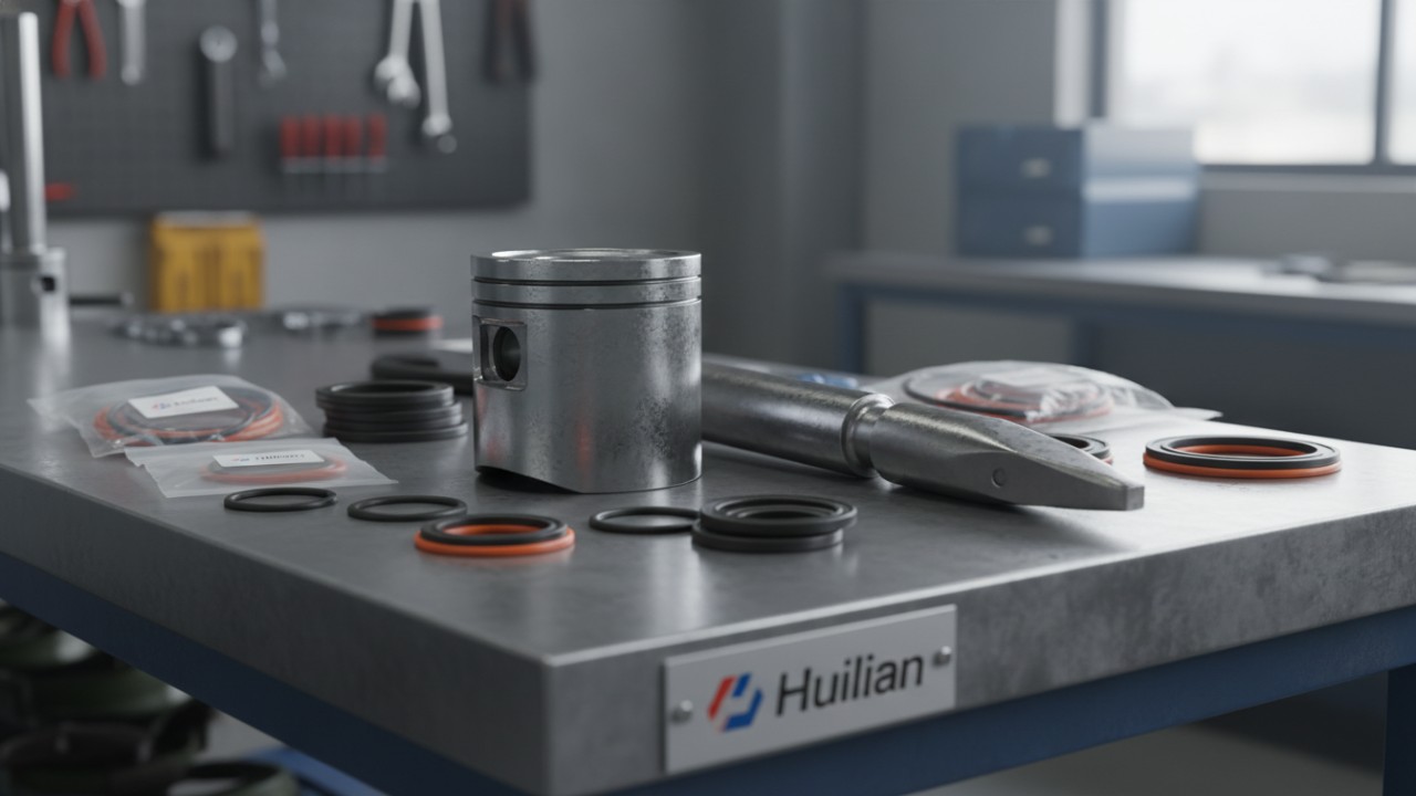 Hydraulic breaker parts including a piston chisel and seal kits