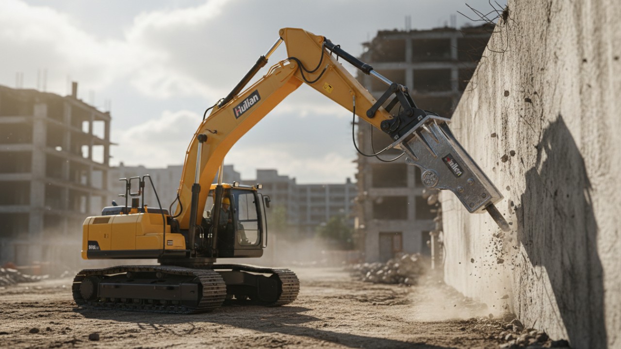 Hydraulic excavator with a side type breaker performing horizontal demolition on a concrete wall