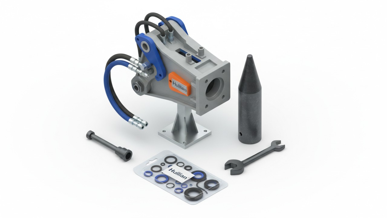 Infographic showing excavator breaker components and maintenance parts