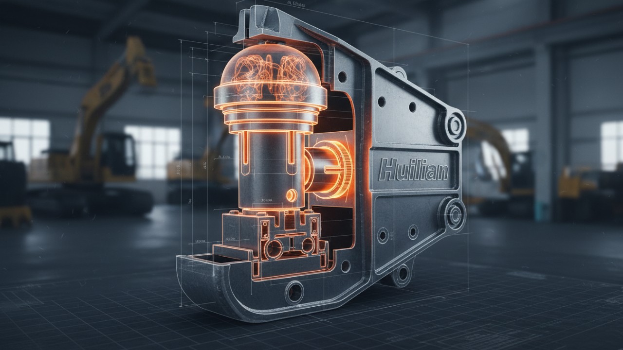 Internal components of a hydraulic excavator breaker showing the piston and accumulator