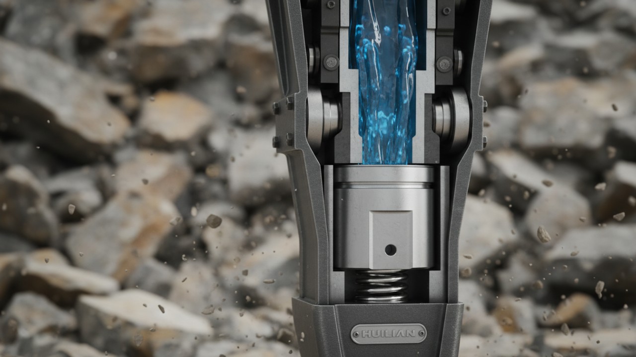 Internal mechanics of a hydraulic excavator breaker showing high pressure fluid dynamics