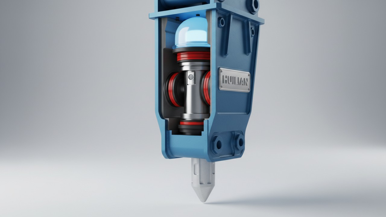 Internal mechanism of a hydraulic mining breaker showing piston and nitrogen chamber