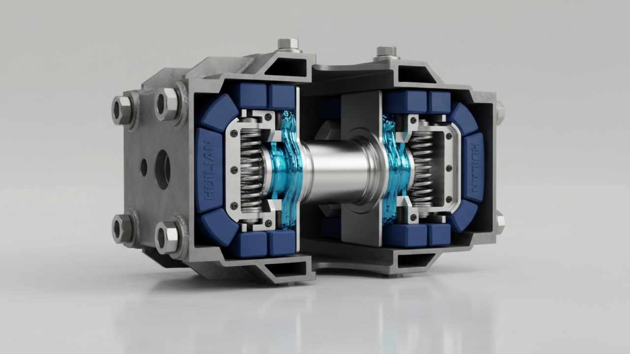 Internal view of a silenced box type hydraulic breaker with dampening buffers