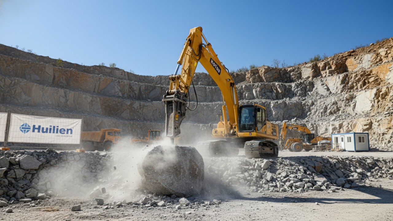 Excavadora Komatsu con martillo hidráulico rompiendo rocas en una cantera.