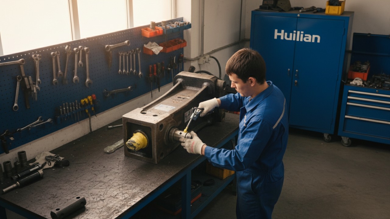 Maintenance technician greasing a mini excavator breaker attachment