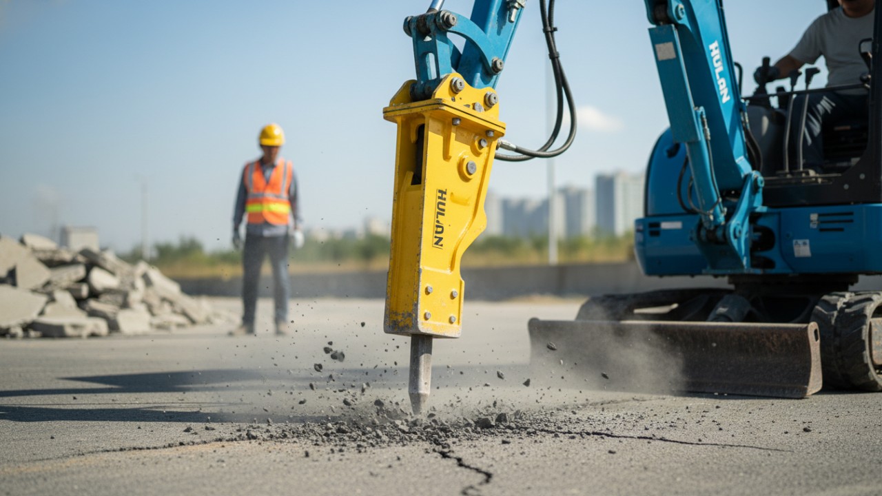 Mini excavator using a hydraulic breaker to demolish asphalt