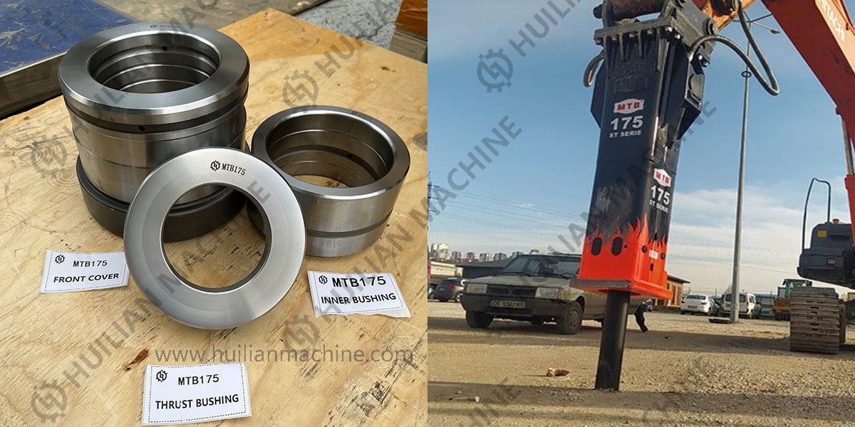 MTB175 hydraulic breaker parts (thrust ring, inner bushings and front cover) and a hydraulic breaker attached to construction equipment.