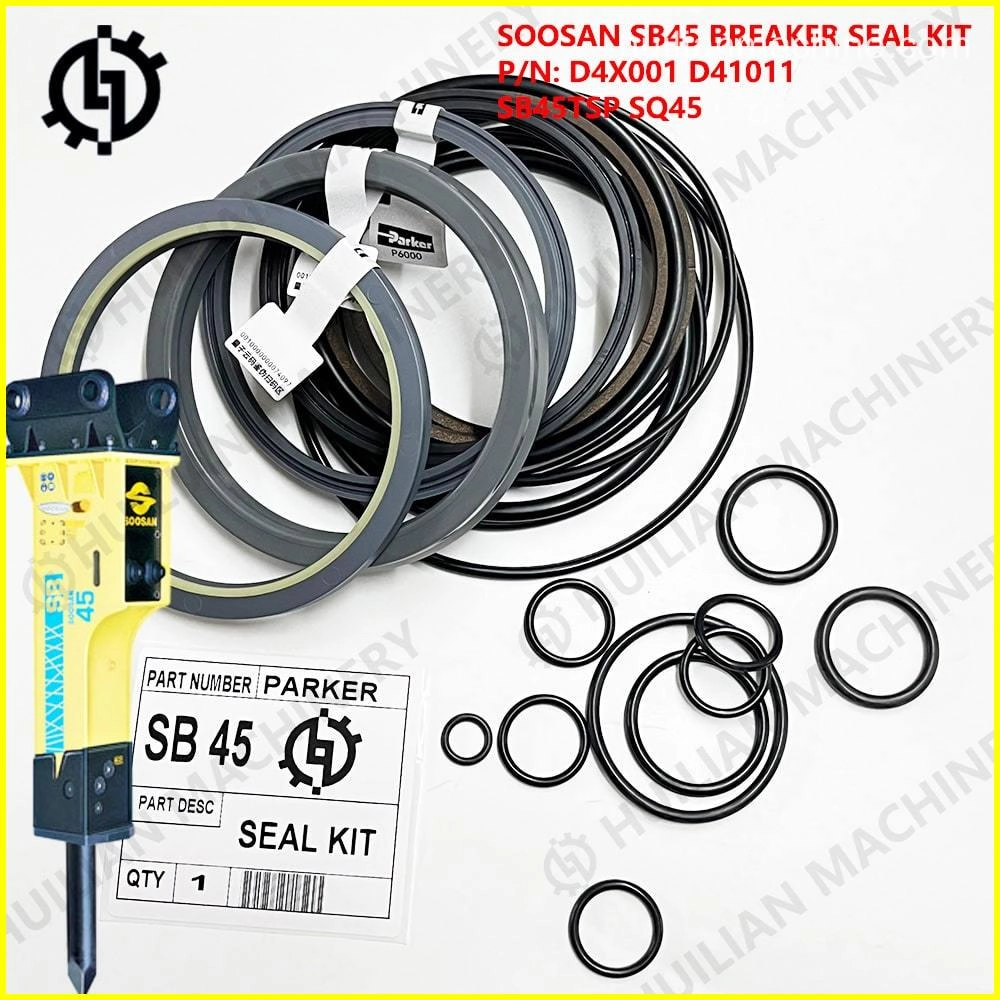 Soosan SB45 breaker seal kit of parker, including various O-rings and seals, alongside a Soosan SB45 mini hydraulic breaker and product label indicating "SEAL KIT."