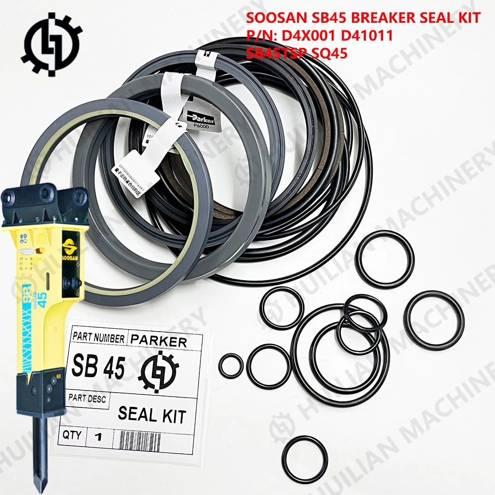 Soosan SB45 breaker seal kit of parker, including various O-rings and seals, alongside a Soosan SB45 mini hydraulic breaker and product label indicating "SEAL KIT."