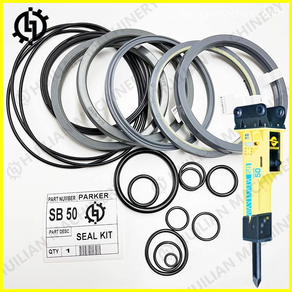 Parker SB 50 oil seal kit with various sized o-rings, seals, and a Soosan hydraulic breaker of excavator.