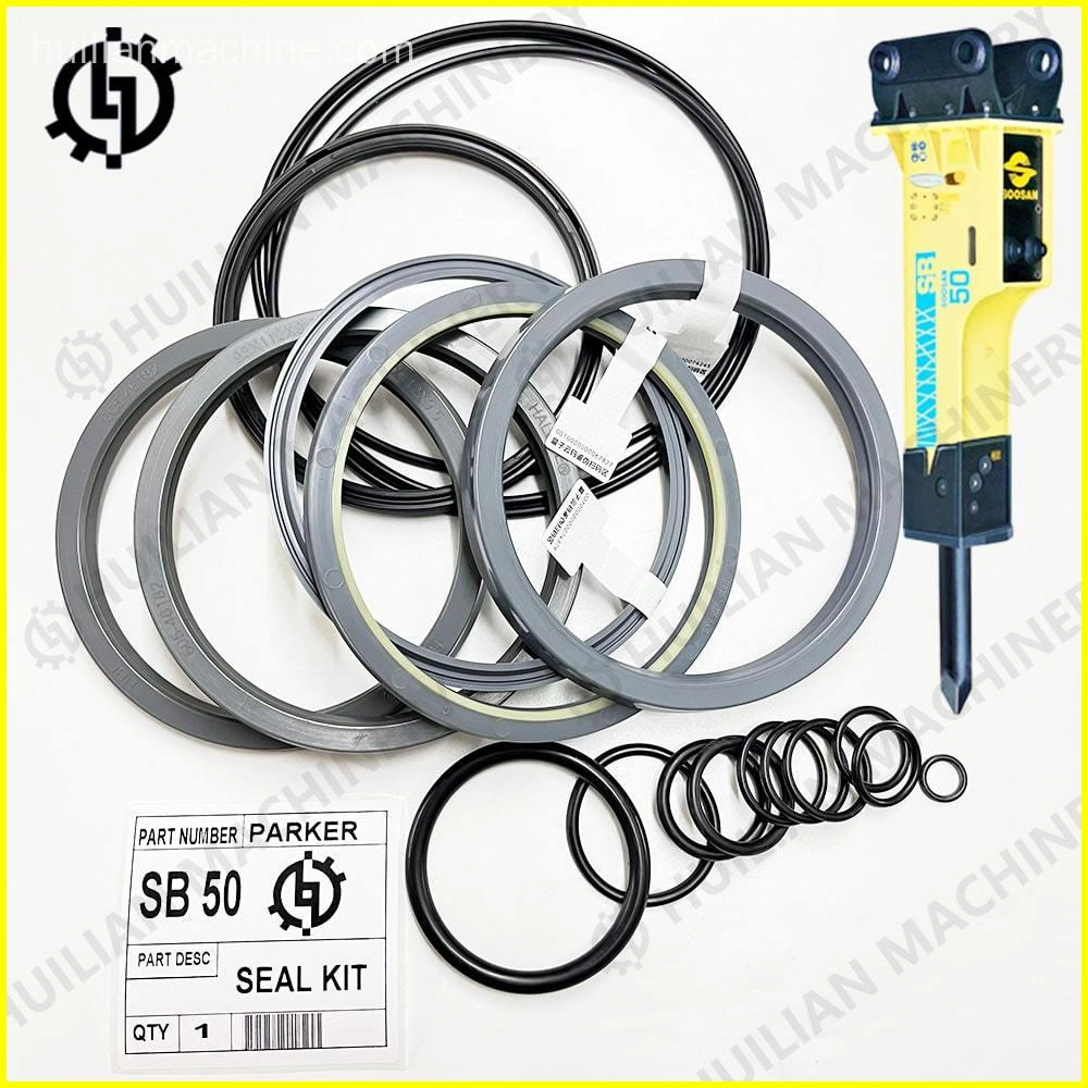 Parker oil seal SB50 seal kit for a Soosan hydraulic hammer breaker, featuring various o-rings, seals, and related components C11012.