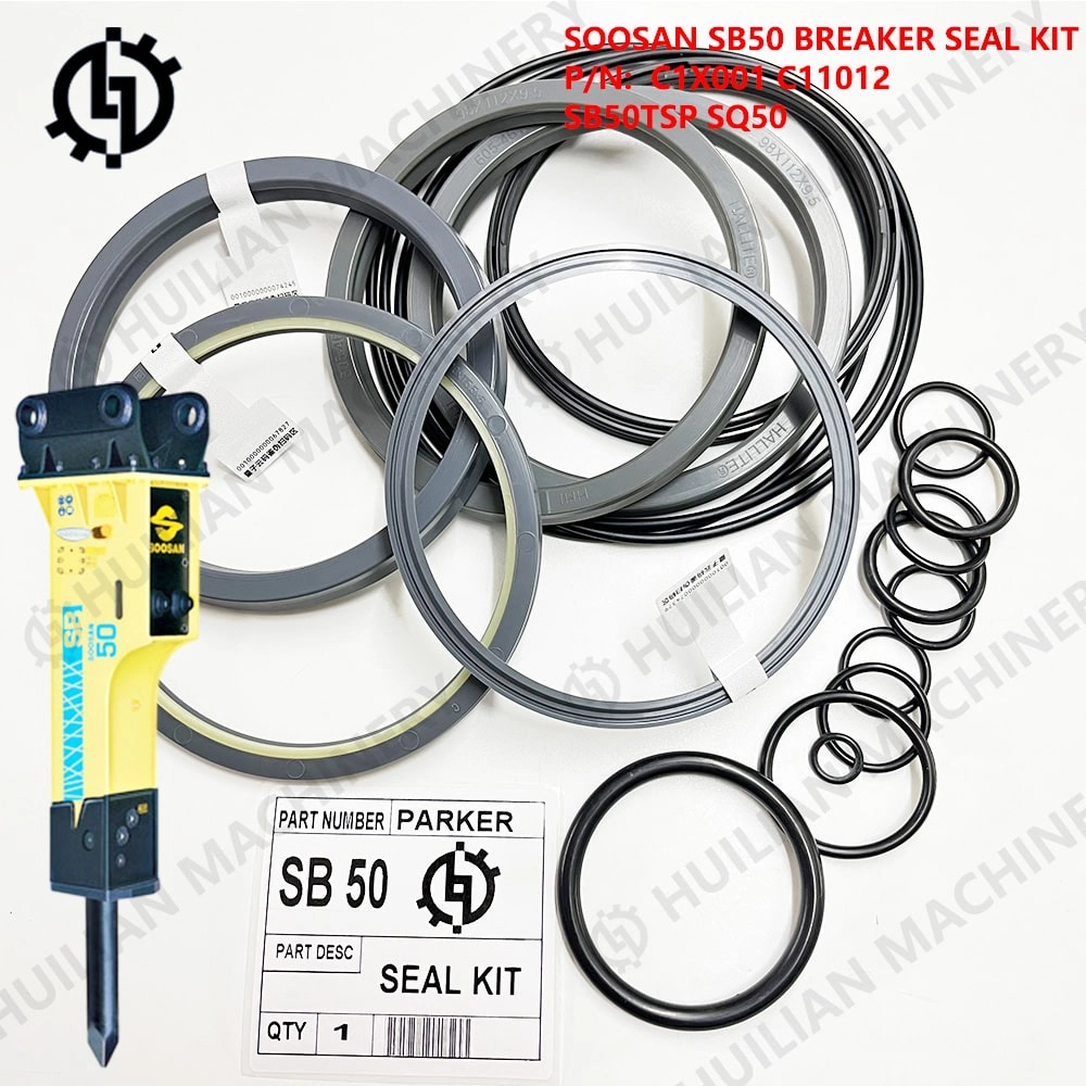 Soosan SB50 hydraulic breaker seal kit with a yellow SB50 hydraulic rock breaker.