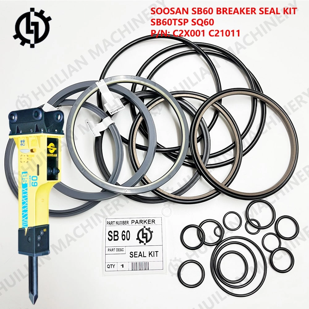 Parker seal Soosan SB60 breaker seal kit displayed with a hydraulic rock breaker hammer and part label.