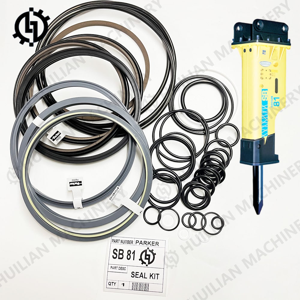 Parker SB81 hydraulic breaker seal kit, containing multiple o-rings of various sizes and several large, gray Parker seals, alongside a yellow and blue SB 81 rock breaker hammerunit.