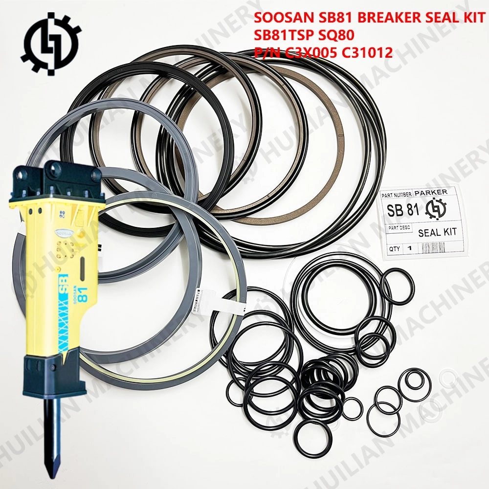 A close up shot of text in white, "Soosan SB81 Excavator Hydraulic Breaker Hammer Seal Kit".