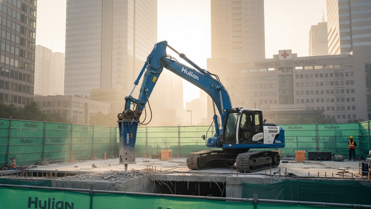 Quiet hydraulic breaker in operation at a city construction site