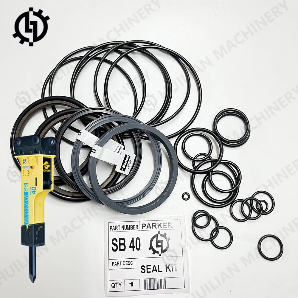 SB40-hammer-seal-kit Parker SB 40 seal kit for rock hydraulic breaker, with various sized O-rings and a Doosan SB 40 excavator hydraulic breaker tool shown.