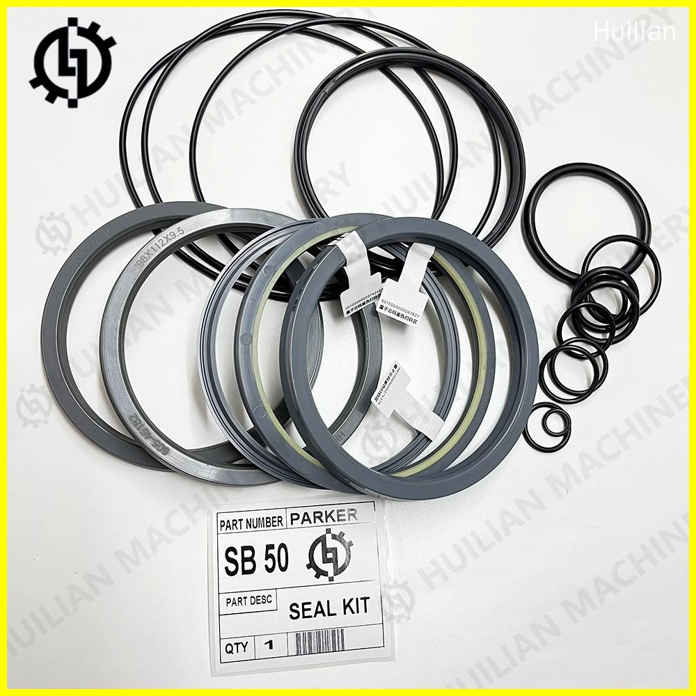 Parker SB 50 seal kit for hydraulic breaker, including various o-rings and seals in different sizes.