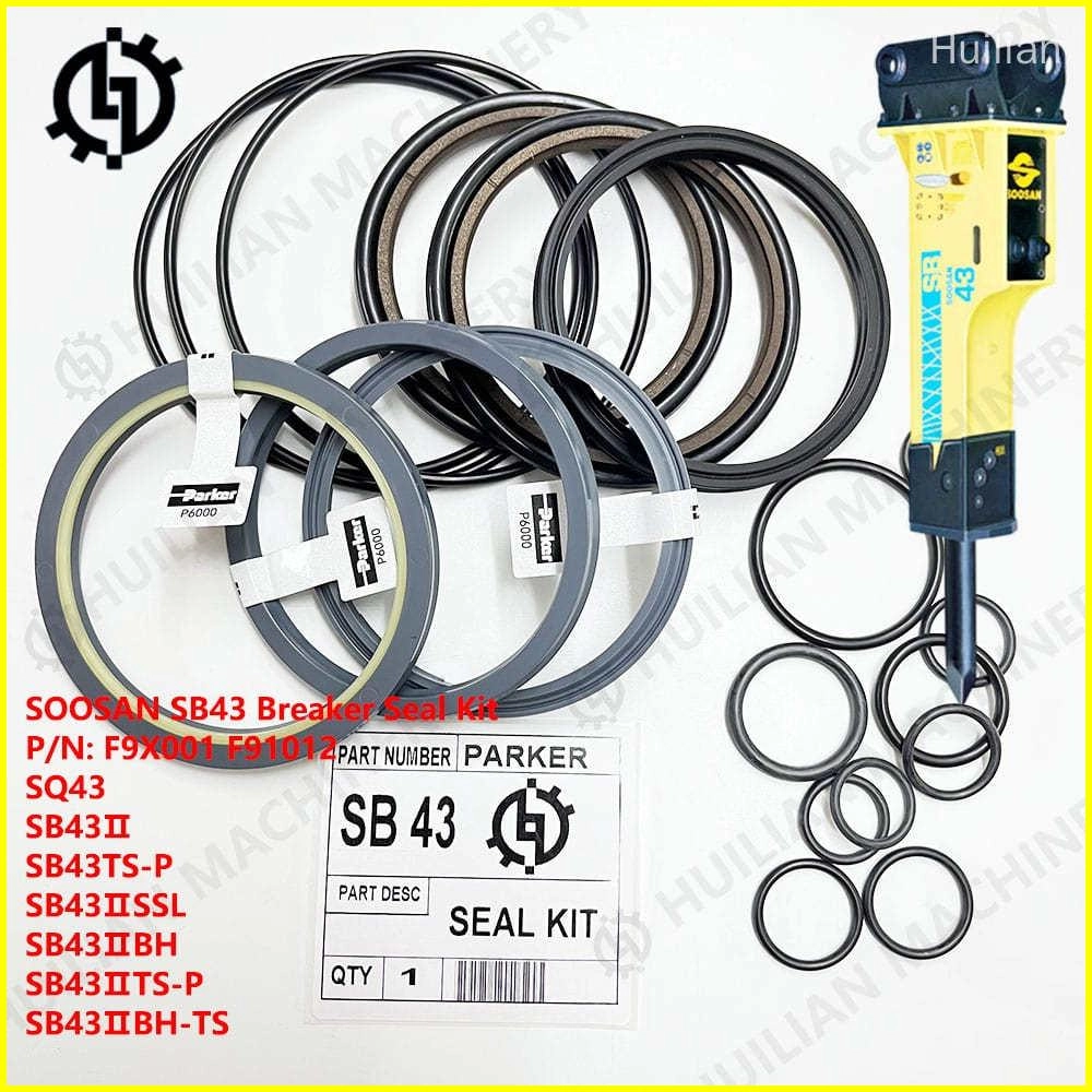 SOOSAN SB43 hydraulic breaker seal kit with various seals and a yellow rock breaker hammer attachment.F9X001 F91012