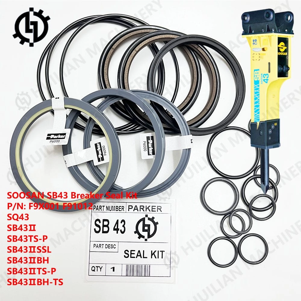SB43-seal-kit SOOSAN SB43 hydraulic breaker seal kit with various seals and a yellow rock breaker hammer attachment.F9X001 F91012