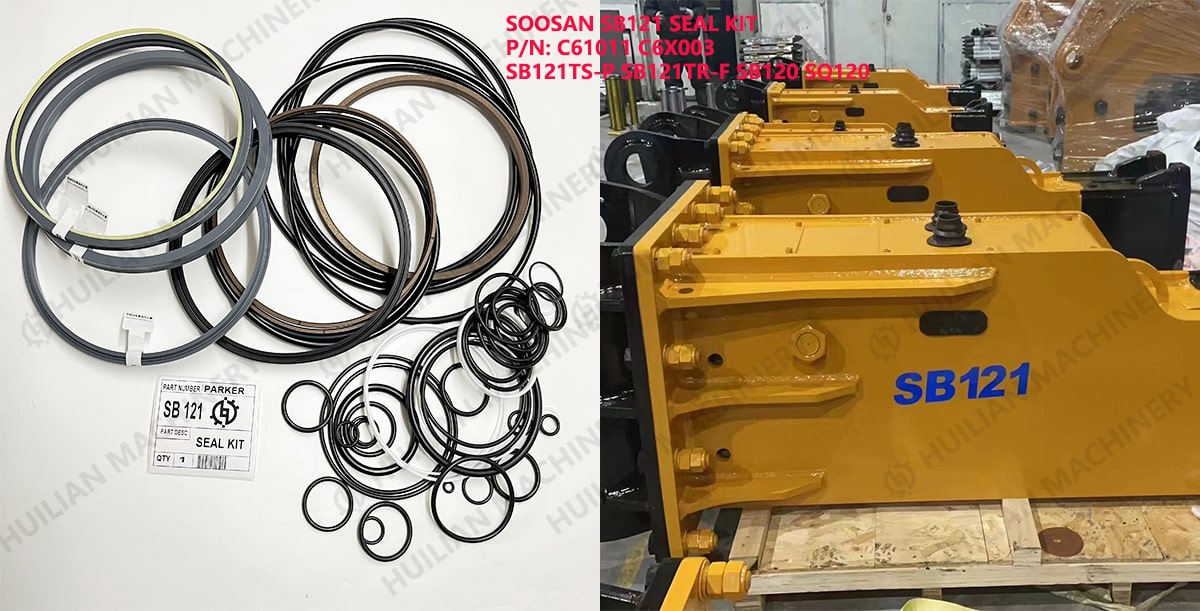 SOOSAN SB121 hydraulic breaker seal kit (P/N C61011 C6X003) and hydraulic breaker hammer.