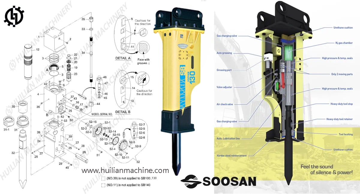 Soosan sB131 SB130 hydraulic breaker excavator parts exploded view and cutaway diagram.