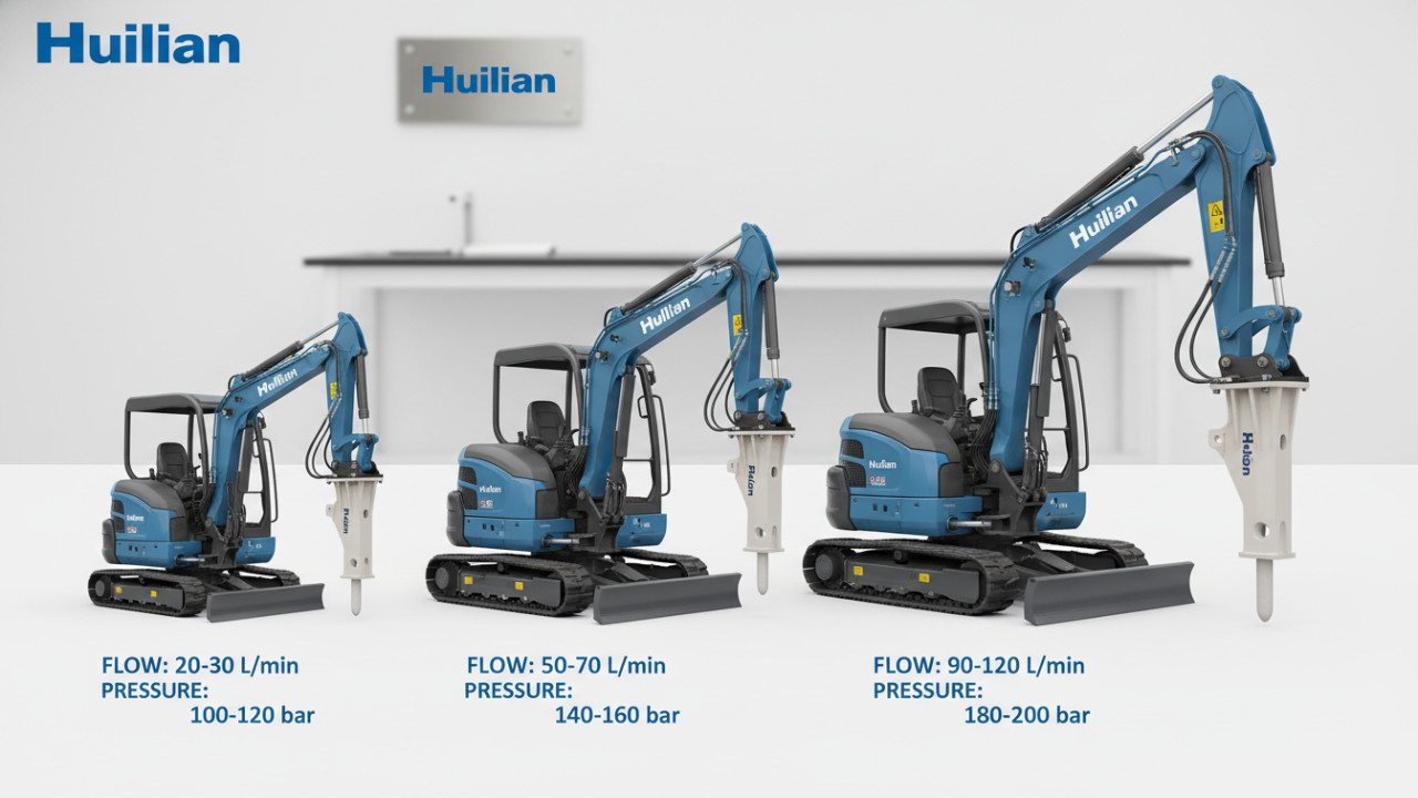Technical comparison of hydraulic hammer sizes for different mini excavators