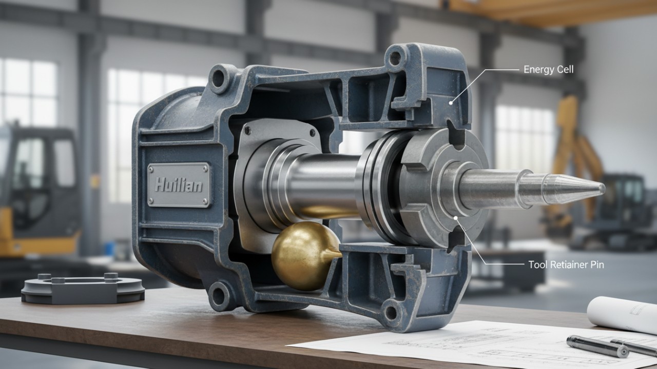 Technical cutaway diagram of a hydraulic breaker showing internal components