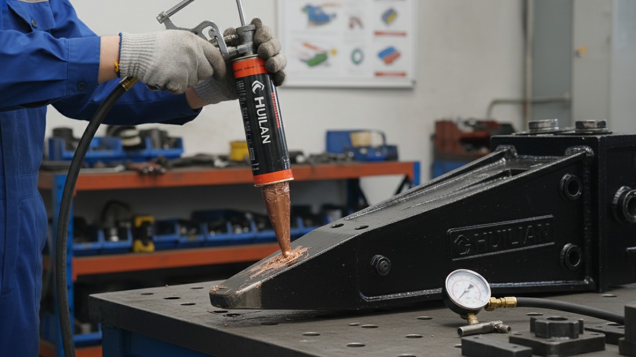 Técnico realizando tareas de mantenimiento en un martillo hidráulico en una obra.