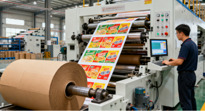 一幅现代化高速伺服驱动柔版印刷机在工厂运转