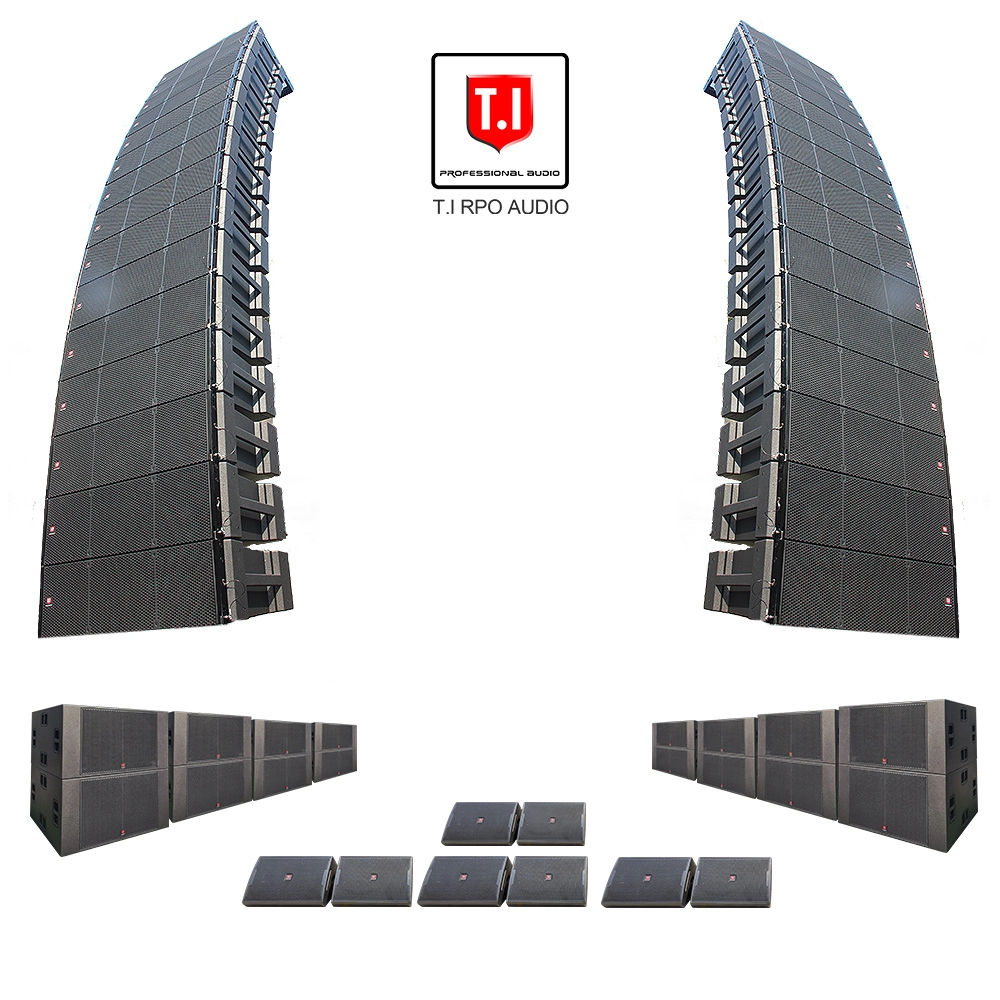 Two large speaker linear arrays, multiple subwoofers, and a row of smaller speakers arranged in a semicircle shape.  A logo for a company called T.I. RPO Audio is also included.