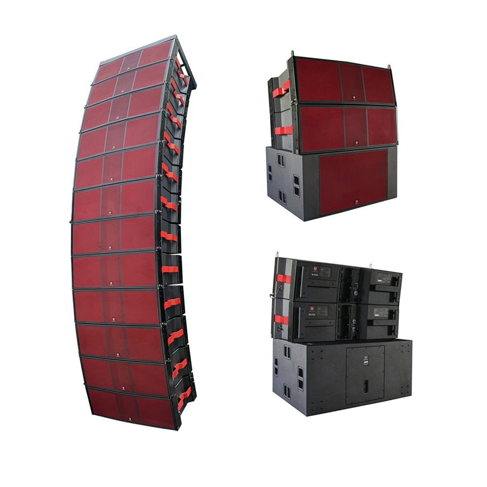 A set of three 15-inch line array speakers, one in a curved configuration and two stacked. The speakers are black with red grilles.