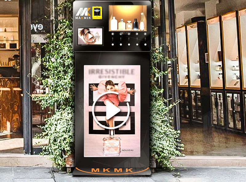 Modern perfume vending machine displaying various fragrances.