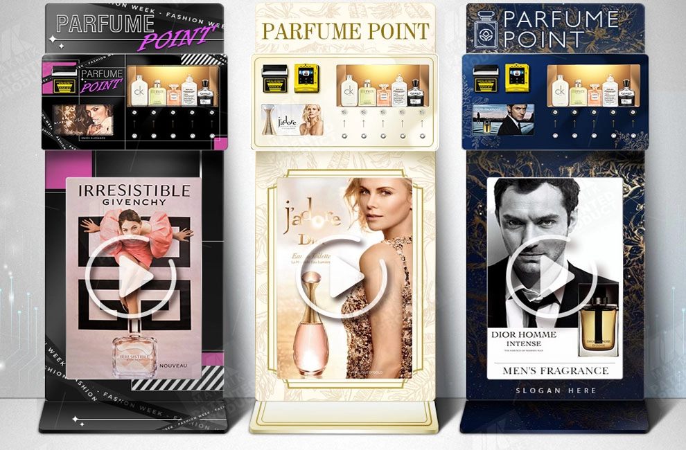 Three perfume vending machines display various fragrances.