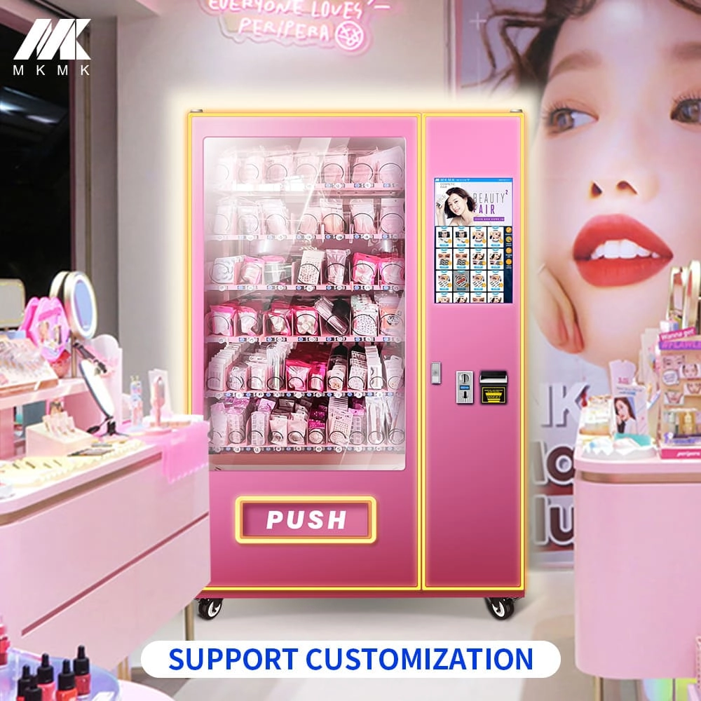 Pink beauty vending machine stocked with cosmetics.
