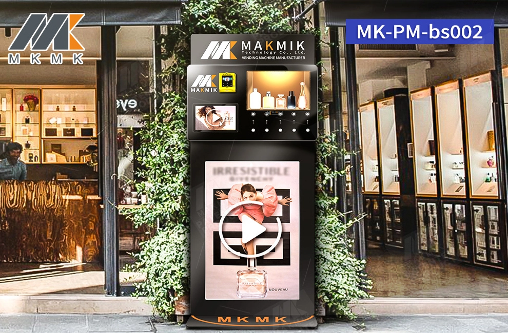 MK-PM-bs002 Modern perfume vending machine with touchscreen display showcasing various fragrances.