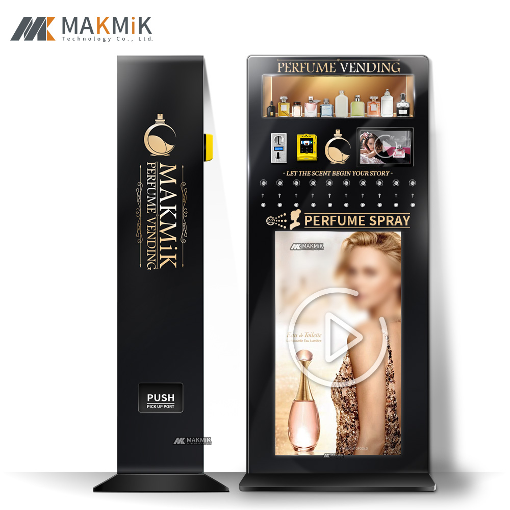 MK-PM-S002-1 Fragrance spray and perfume sample vending machine with perfume bottles and display.