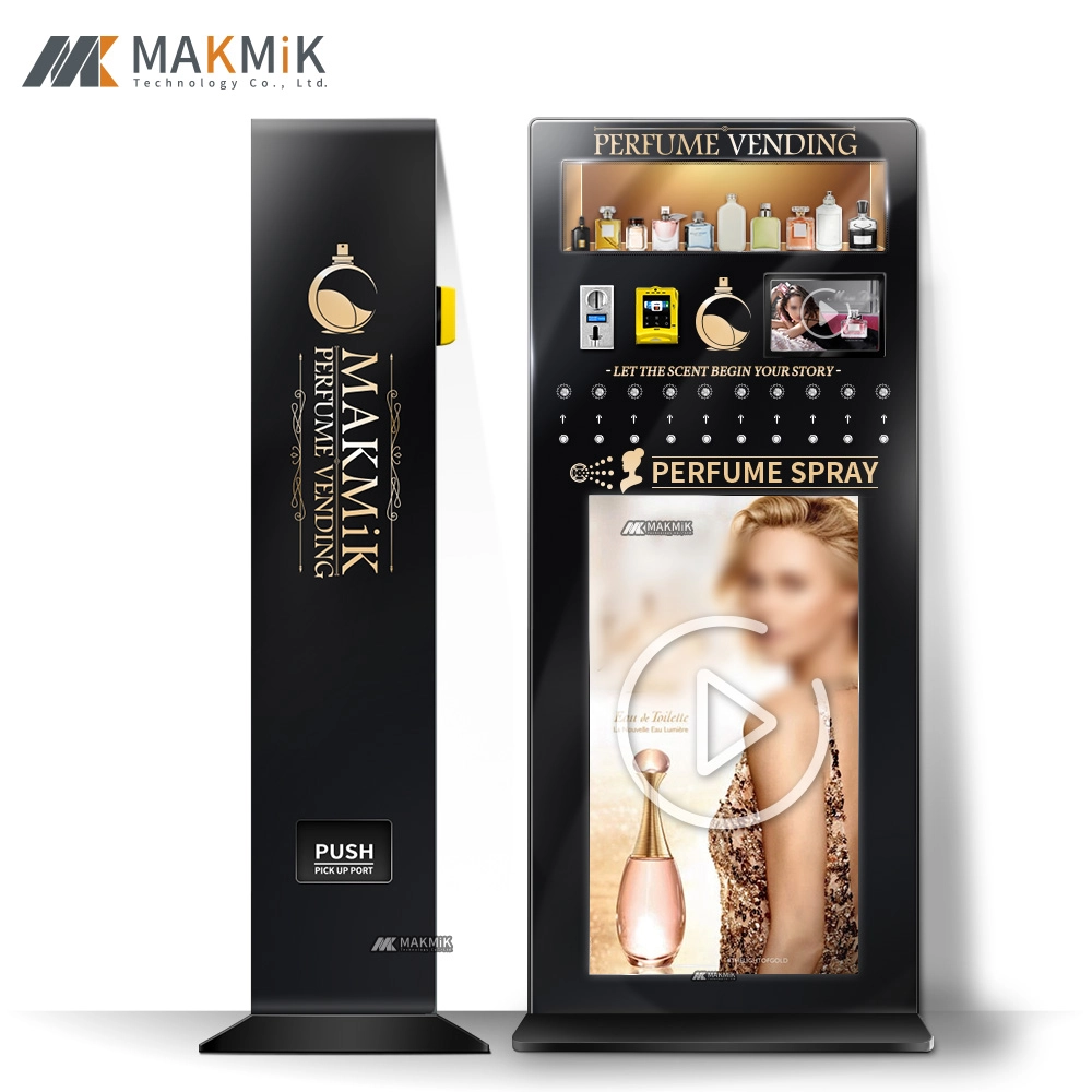 MK-PM-S002-1 Fragrance spray and perfume sample vending machine with perfume bottles and display.