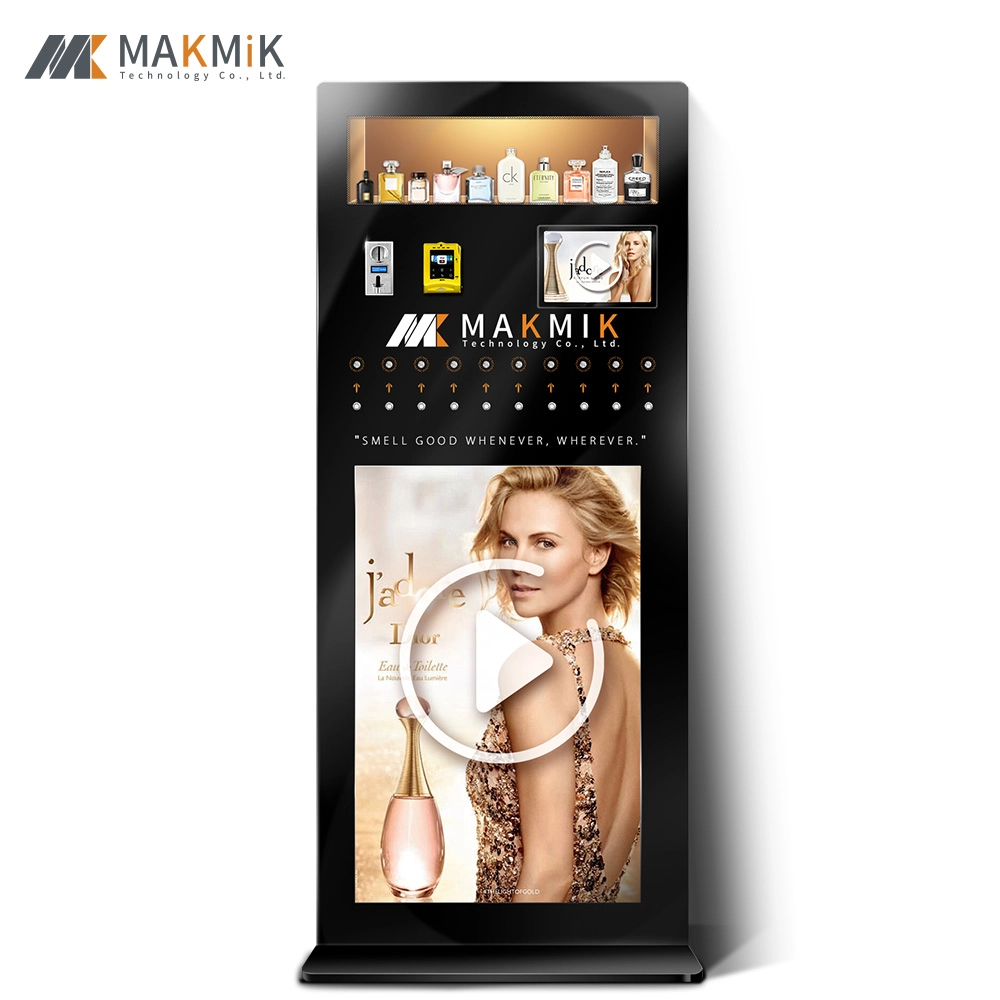 MK-PM-S001-1 Standing perfume spray vending machine with 10 spray nozzles and a 43-inch advertising screen.