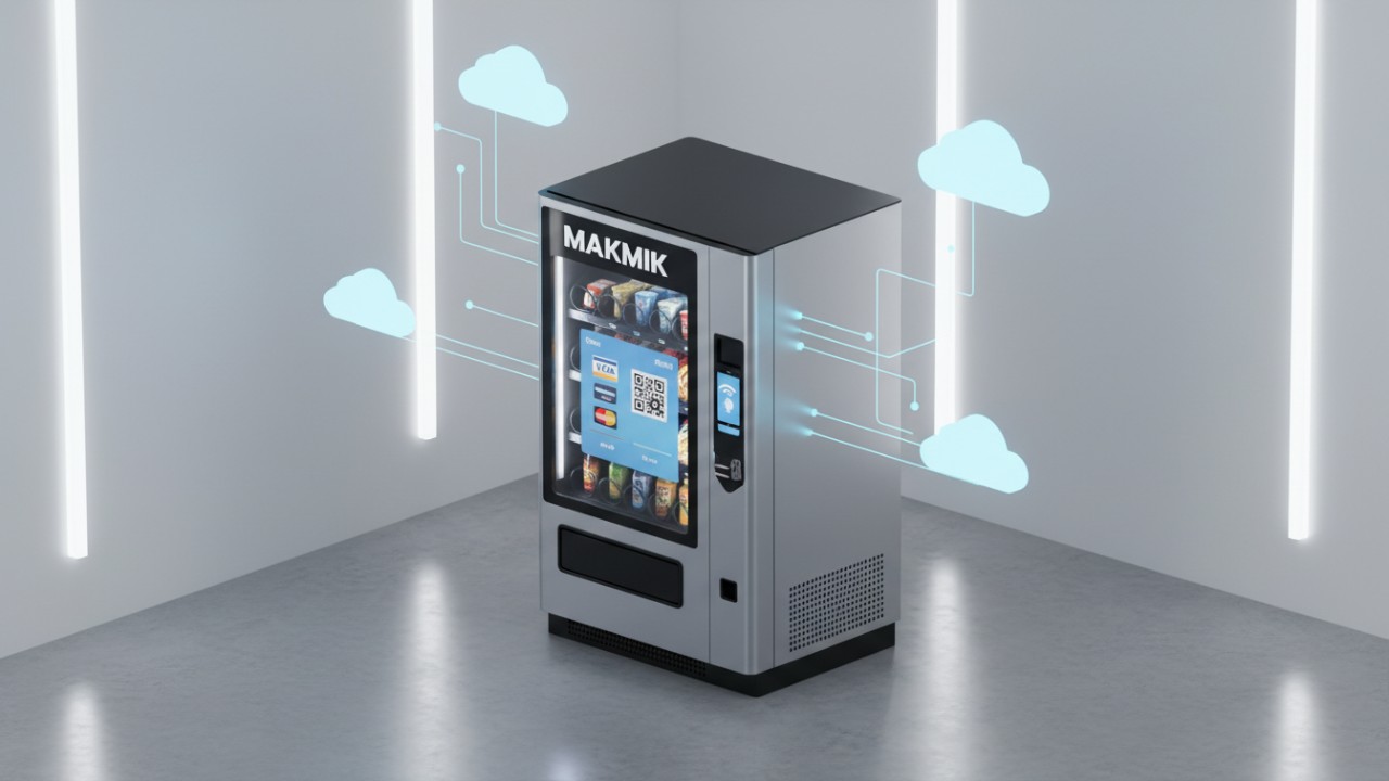 A 3D illustration of a MAKMIK vending machine showing multiple payment options including NFC and credit cards