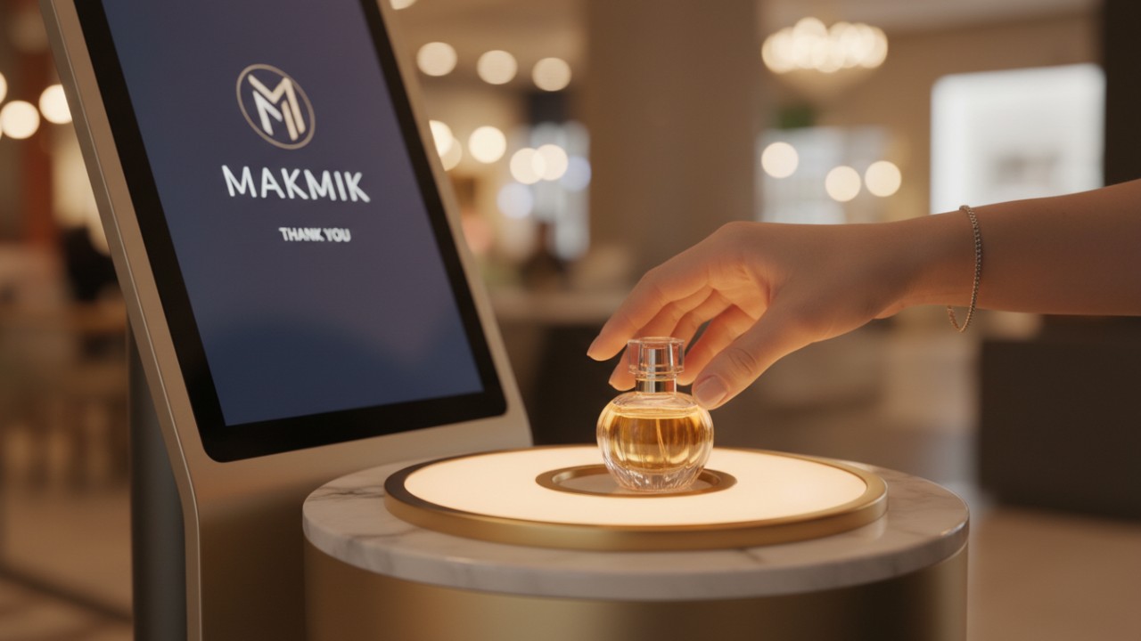 A close up of a luxury fragrance bottle being dispensed by a MAKMIK brand smart kiosk.