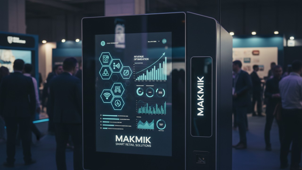 A close up of a MAKMIK smart vending machine showing a digital revenue dashboard and brand logo.
