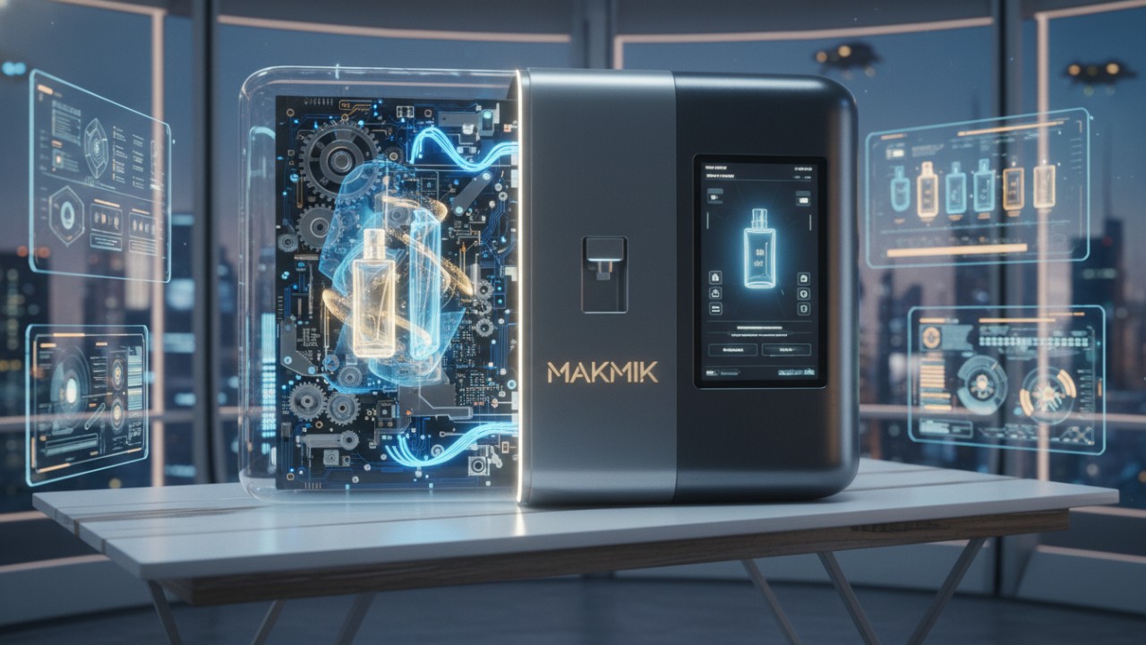 A conceptual 3D render of a futuristic perfume vending machine showing the integration of internal mechanics and external design with the MAKMIK brand name