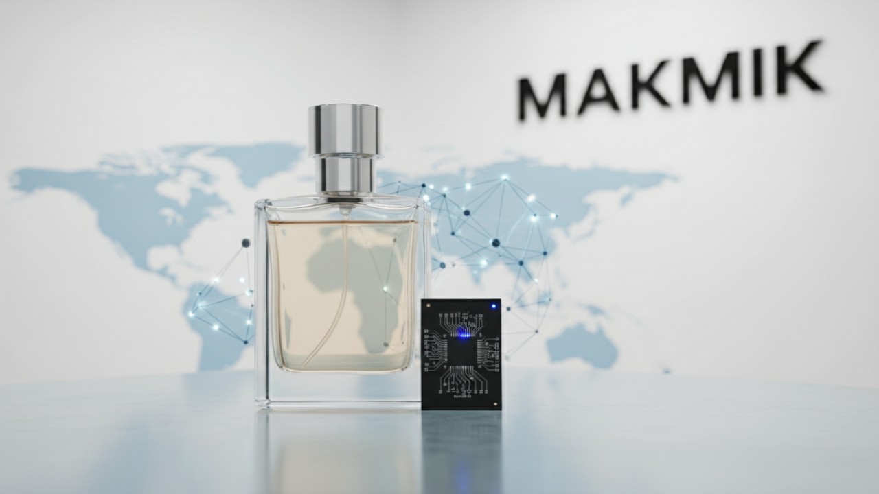 A conceptual representation of the future of fragrance, featuring MAKMIK branding in a clean, professional studio setting.