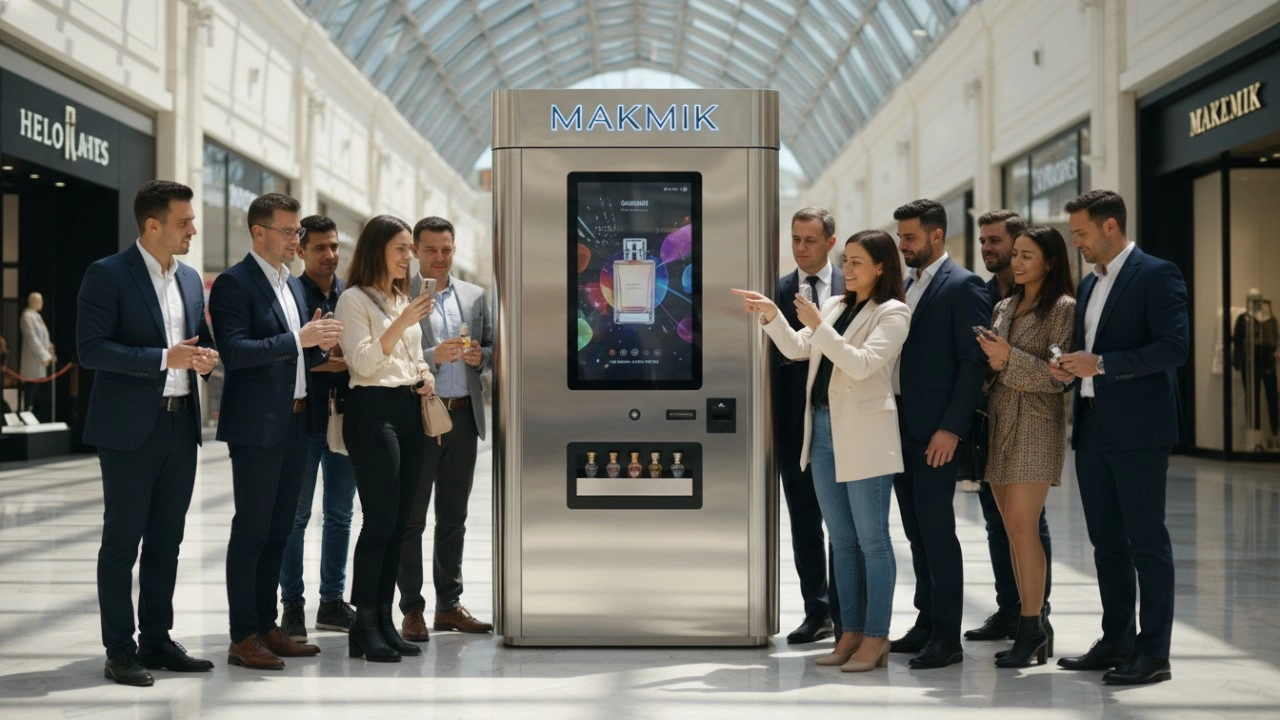 A crowd of curious shoppers interacting with a MAKMIK perfume vending machine in a bright mall corridor