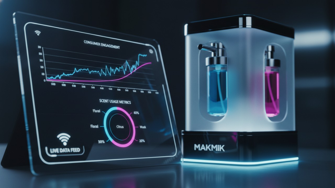 A digital dashboard displaying real-time IoT data for MAKMIK fragrance dispensing systems.