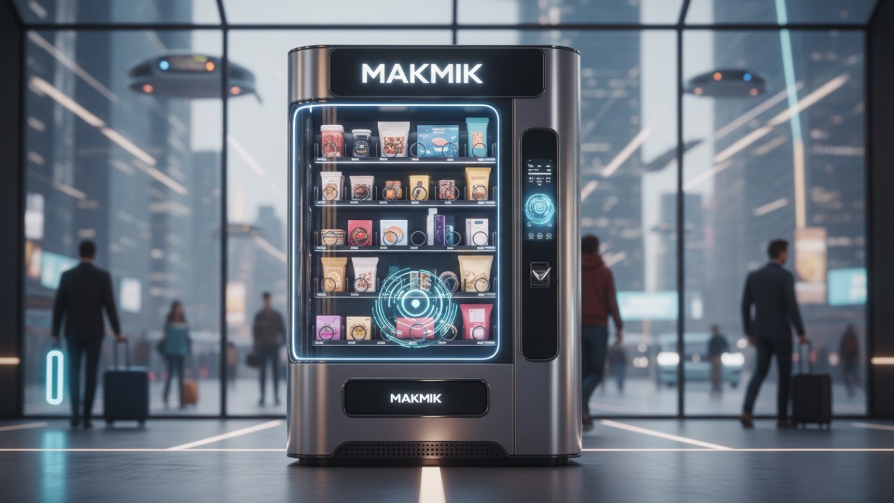 A finished MAKMIK smart vending machine displayed in a busy modern terminal as a symbol of manufacturing success.