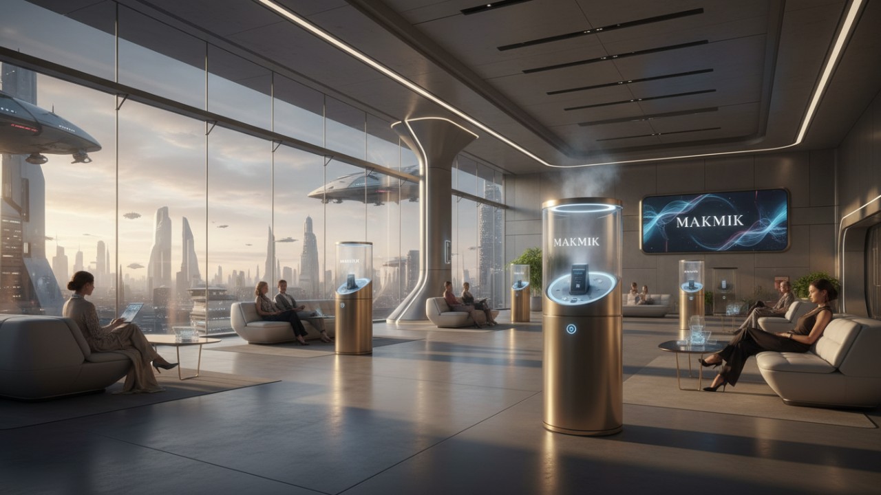 A futuristic airport lounge featuring several illuminated MAKMIK fragrance vending machines as the sun sets in the background.